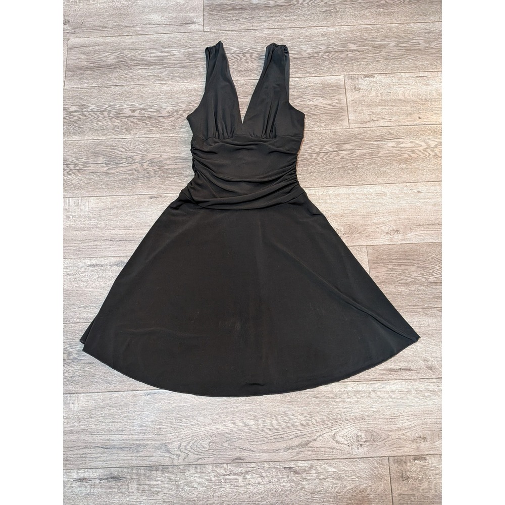 BCX Womens Black Sleeveless V-Neck Ruched Waist Fit and Flare Dress Large